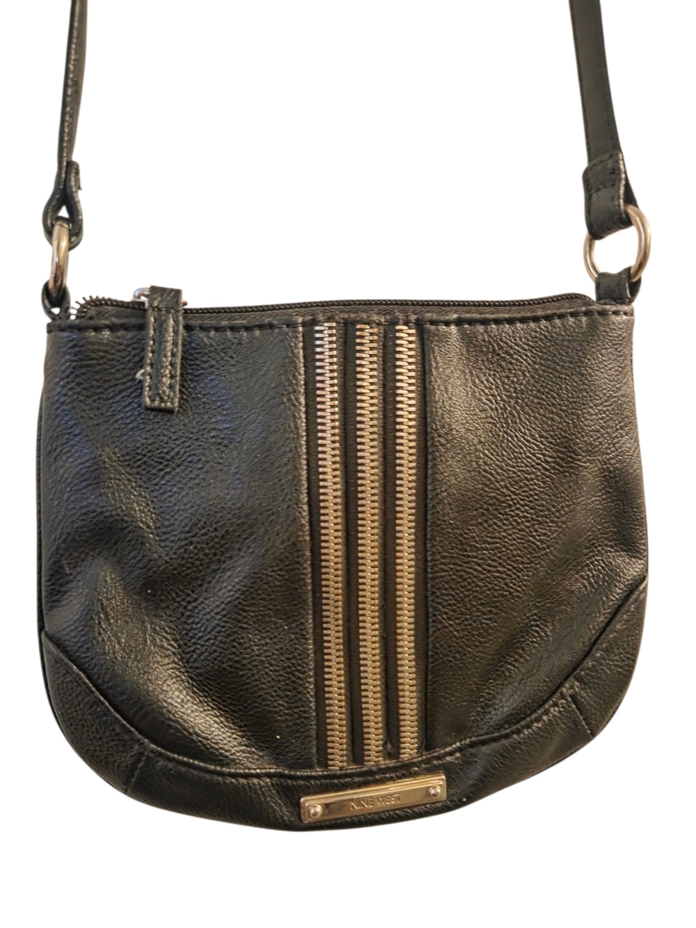 Nine West Black Leather Crossbody with Gold Stripe Detailing